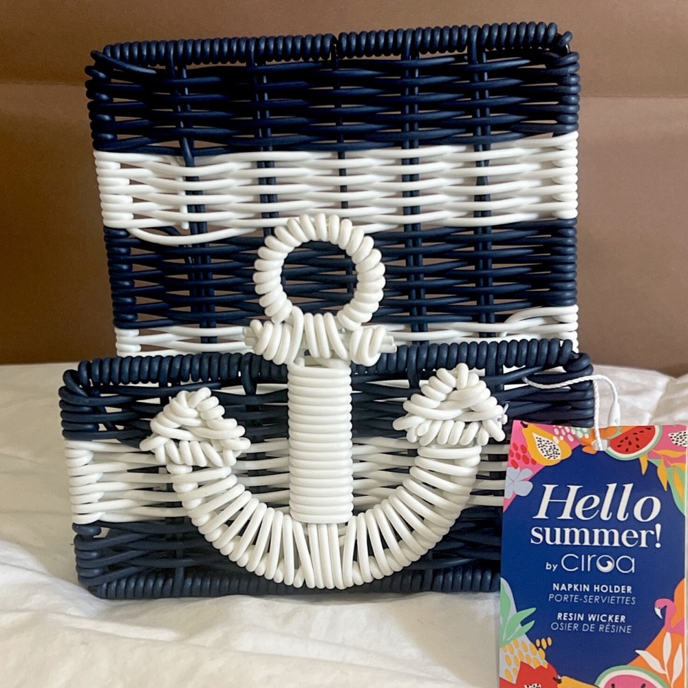 Ciroa Coastal Napkin Holder Resin Wicker Anchor Blue Beach Nautical New